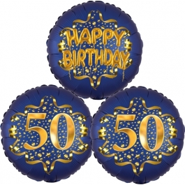 Satin Navy & Gold 50 Happy Birthday, Luftballons aus Folie zum 50. Geburtstag, inklusive Helium