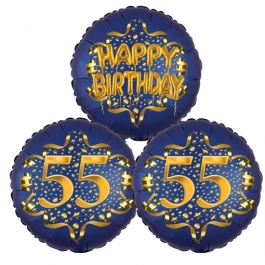 Satin Navy & Gold 55 Happy Birthday, Luftballons aus Folie zum 55. Geburtstag, inklusive Helium
