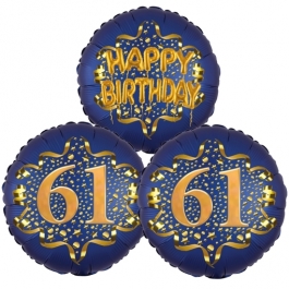 Satin Navy & Gold 61 Happy Birthday, Luftballons aus Folie zum 61. Geburtstag, inklusive Helium
