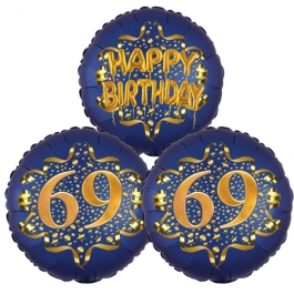 Satin Navy & Gold 69 Happy Birthday, Luftballons aus Folie zum 69. Geburtstag, inklusive Helium
