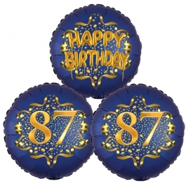 Satin Navy & Gold 87 Happy Birthday, Luftballons aus Folie zum 87. Geburtstag, inklusive Helium