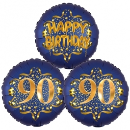 Satin Navy & Gold 90 Happy Birthday, Luftballons aus Folie zum 90. Geburtstag, inklusive Helium