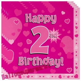 16 Servietten zum 2. Kindergeburtstag, Happy 2nd Birthday Pink, Mädchen