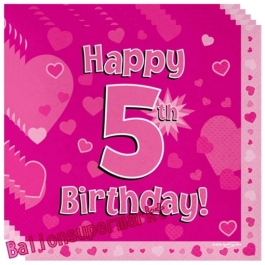 16 Servietten zum 5. Kindergeburtstag, Happy 5th Birthday Pink, Mädchen