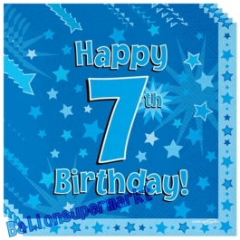 16 Servietten zum 7. Kindergeburtstag, Happy 7th Birthday Blau, Junge