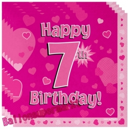 16 Servietten zum 7. Kindergeburtstag, Happy 7th Birthday Pink, Mädchen