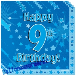 16 Servietten zum 9. Kindergeburtstag, Happy 9th Birthday Blau, Junge