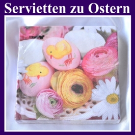 Servietten zu Ostern, Papierserviette, 20 Stück, 3-lagig, mit Ostereiern, Osterküken und Frühlingsblumen