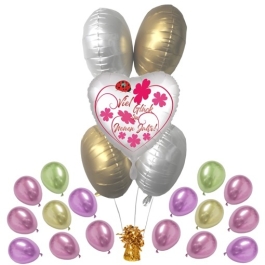 5 Helium-Luftballons Bouquet mit Herzballon  "Viel Glück im Neuen Jahr" satin de luxe