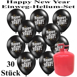 Silvester Helium Einweg Set, 30 Luftballons Happy New Year, schwarz