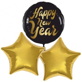 1 Helium-Luftballon Bouquet "Happy New Year" und 2 goldene Sternballons