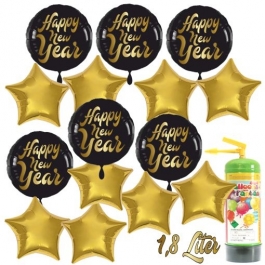 Dekoration Silvester: 15 Luftballons 6 x Happy New Year und 9 goldene Sternballons mit 1,8 Liter Ballongas Einweg