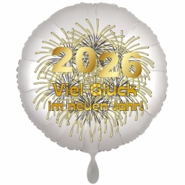 Silvester Luftballon: 2026 Viel Glück im neuen Jahr! Satin de Luxe, weiß, 45 cm