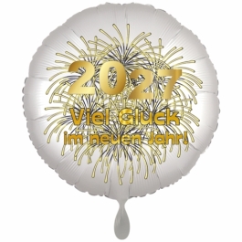 Silvester Luftballon: 2027 Viel Glück im neuen Jahr! Satin de Luxe, weiß, 45 cm