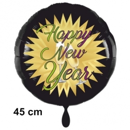 Silvester Luftballon: Happy New Year schwarz-gold, Stern und Sekt, 45 cm