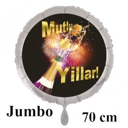 Mutlu Yillar! Silvester Luftballon aus Folie mit Helium: Überschäumender Champagner mit Feuerwerk und Glückssymbol