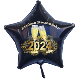 Schwarzer Silvester Luftballon, Sternballon aus Folie, 2024 - Feuerwerk und Champagner