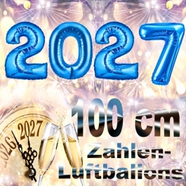 Zahlendekoration Silvester 2027, silber, 1m große Zahlen, Luftballons aus Folie