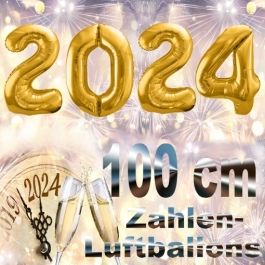 Zahlendekoration Silvester 2024, gold, 1 m grosse Zahlen befüllbare Ballons aus Folie