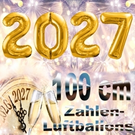 Zahlendekoration Silvester 2027, gold, 1 m grosse Zahlen befüllbare Ballons aus Folie