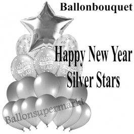 Silvester-Ballon-Bouquet Happy New Year Silver Stars mit 18 Luftballons