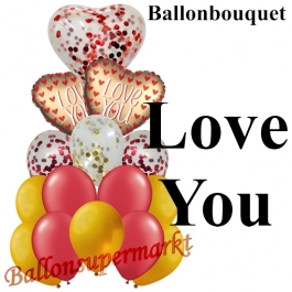 Ballon-Bouquet Love You Satin Gold mit 15 Luftballons