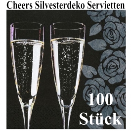 Silvesterdeko Servietten, Cheers, Sektgläser, 100 Stück, 33x33 cm, 3-lagig