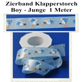 Deko-Zierband, Stoff-Schmuckband, Klapperstorch, Hellblau-Blau, Junge, Boy, 1 Meter zu Geburt und Taufe