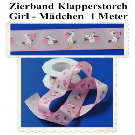 Deko-Zierband, Stoff-Schmuckband, Klapperstorch, Rosa, Mädchen, Girl, 1 Meter zu Geburt und Taufe