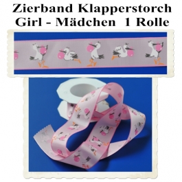 Deko-Zierband, Stoff-Schmuckband, Klapperstorch, Rosa, Mädchen, Girl, 1 Rolle zu Geburt und Taufe