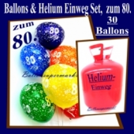 Helium- Einwegbehälter mit 30 Luftballons zum 80. Geburtstag