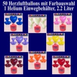 Helium Einwegbehälter mit 50 Herzluftballons, Farbauswahl