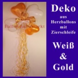 Herzluftballons-Dekoration mit Ringelband und Zierschleife, Gold-Weiß