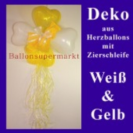 Herzluftballons-Dekoration mit Ringelband und Zierschleife, Weiß-Gelb