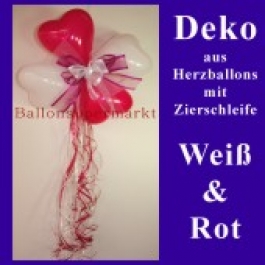 Herzluftballons-Dekoration mit Ringelband und Zierschleife, Weiß-Rot