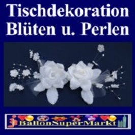 Tischdeko-Hochzeit, Weißes Rosengesteck mit Perlen