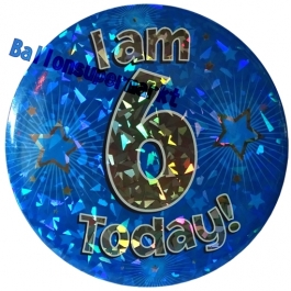 Jumbo Ansteckbutton, Tischaufsteller, I am 6 today, blau