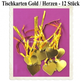 Tischkarten Gold, Herzen mit Satinband, 12 Stück, 5 cm