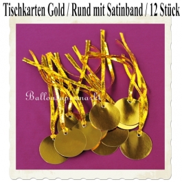 Tischkarten Gold mit Satinband, 12 Stück, Rund, 5 cm