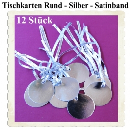 Tischkarten Silber mit Satinband, 12 Stück, Rund, 5 cm
