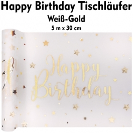 Tischläufer, Tischdecke Happy Birthday, weiß-gold, 5 Meter Rolle