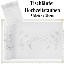 Deko-Tischläufer Weiß mit Hochzeitstauben, Organza Tischdecke, 5 Meter lang x 30 cm