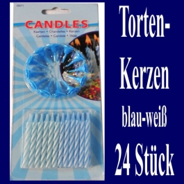 Tortenkerzen, 24 Stück, 12 Kerzenhalter, blau-weiß