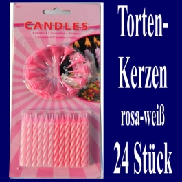 Tortenkerzen, 24 Stück, 12 Kerzenhalter, rosa-weiß