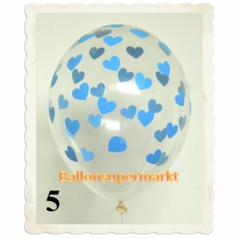 Luftballons 30 cm, Kristall, Transparent mit Babyblauen Herzen, 5 Stück