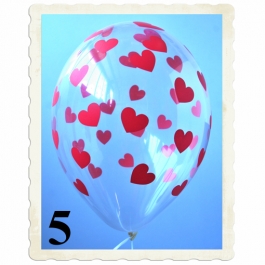 Luftballons 30 cm, Kristall, Transparent mit roten Herzen, 5 Stück