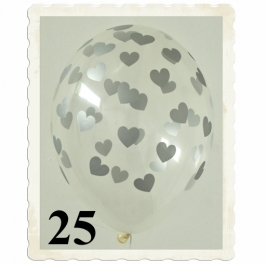 Luftballons 30 cm, Kristall, Transparent mit silbernen Herzen, 25 Stück