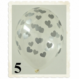 Luftballons 30 cm, Kristall, Transparent mit silbernen Herzen, 5 Stück