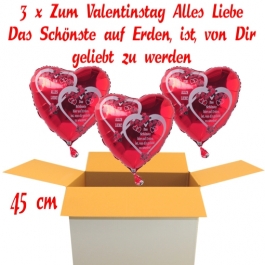 Valentinsgrüße im Karton, 5 x Zum Valentinstag Alles Liebe Herzluftballons mit Helium