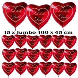 Valentinstag Party-Set, 15 große Herzluftballons und 100 kleine Herzluftballons "Ich liebe Dich" mit 20 Liter Ballongas Helium